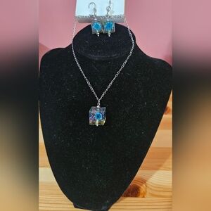 Silver Chain Necklace with Blue and Purple Pendant